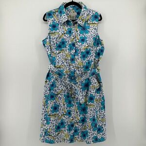 White Stag Sateen Shirt Dress Floral Leopard Turquoise Sleeveless 16 NWT Career
